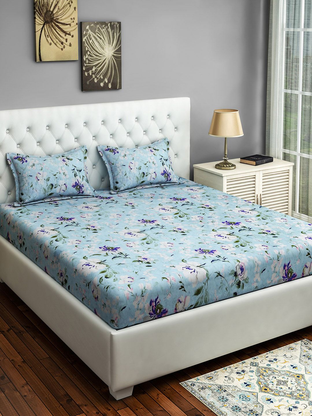 SWAYAM Blue Floral 144 TC Cotton 1 King Bedsheet with 2 Pillow Covers Price in India