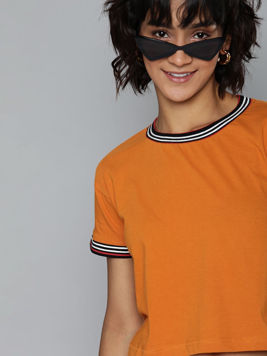 HERE&NOW Women Orange Solid Round Neck T-shirt