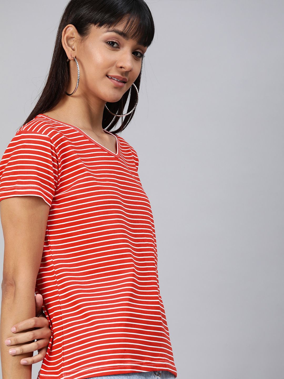 HERE&NOW Women Red & White Striped V-Neck T-shirt