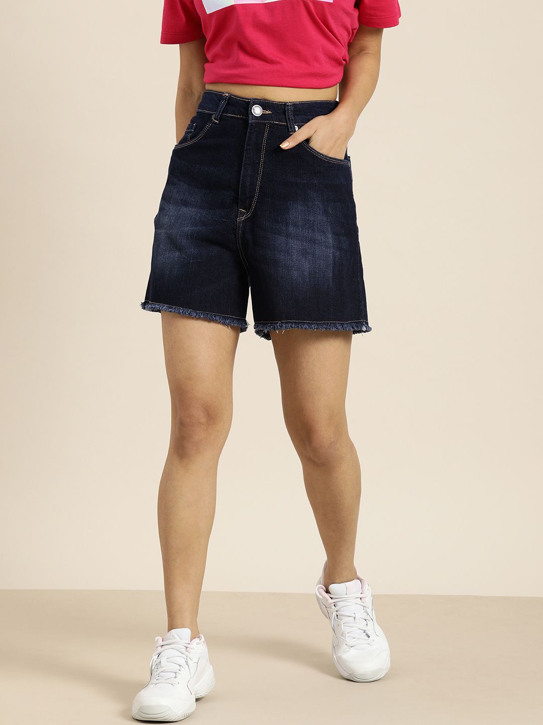 Moda Rapido Women Blue Washed Regular Fit Denim Shorts with Frayed Hem