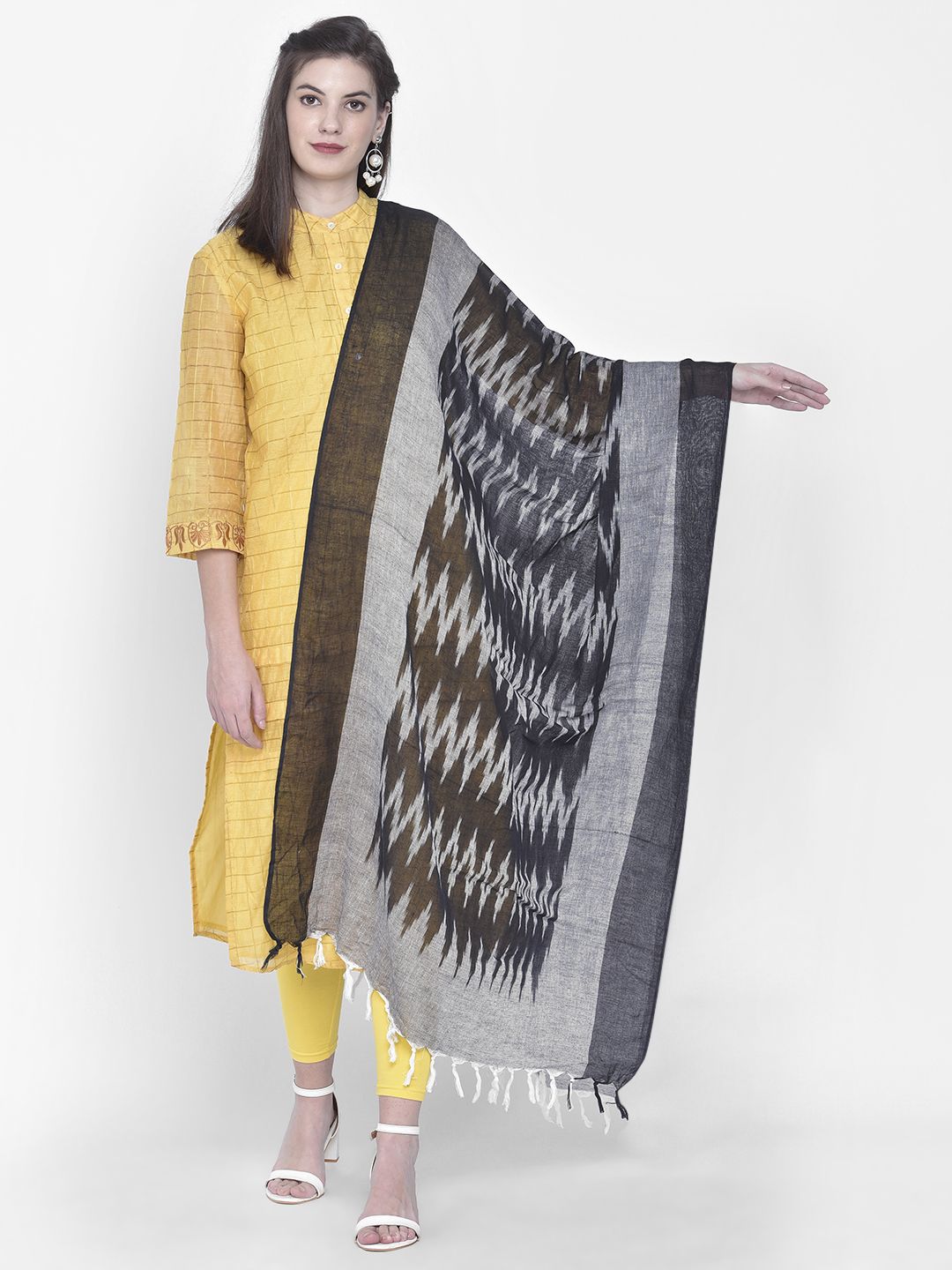 Cotton Dupatta Bazaar Black & Grey Ikat Woven Design Cotton Dupatta Price in India