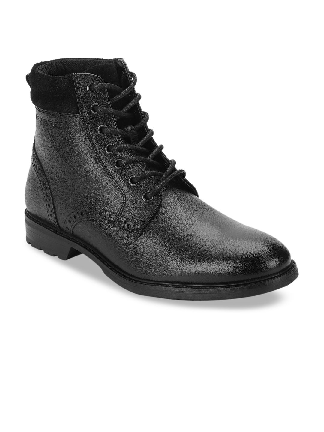 Red Tape Men Black Solid Leather Mid-Top Flat Boots