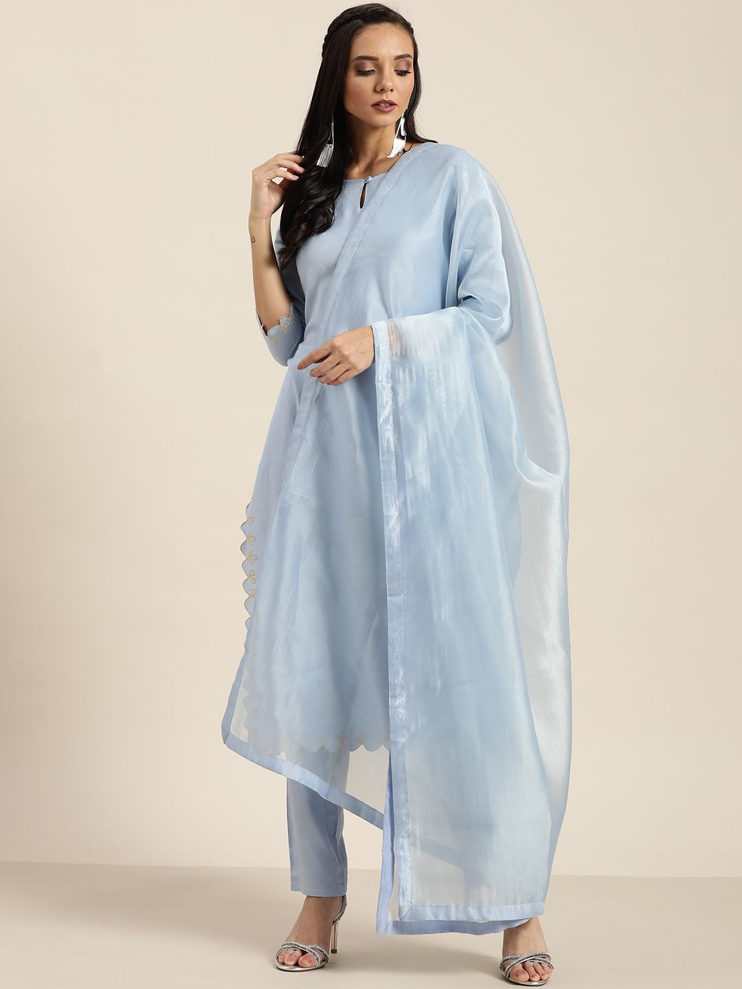 Moda Rapido Women Blue Solid Kurta with Trousers & Dupatta Price in India