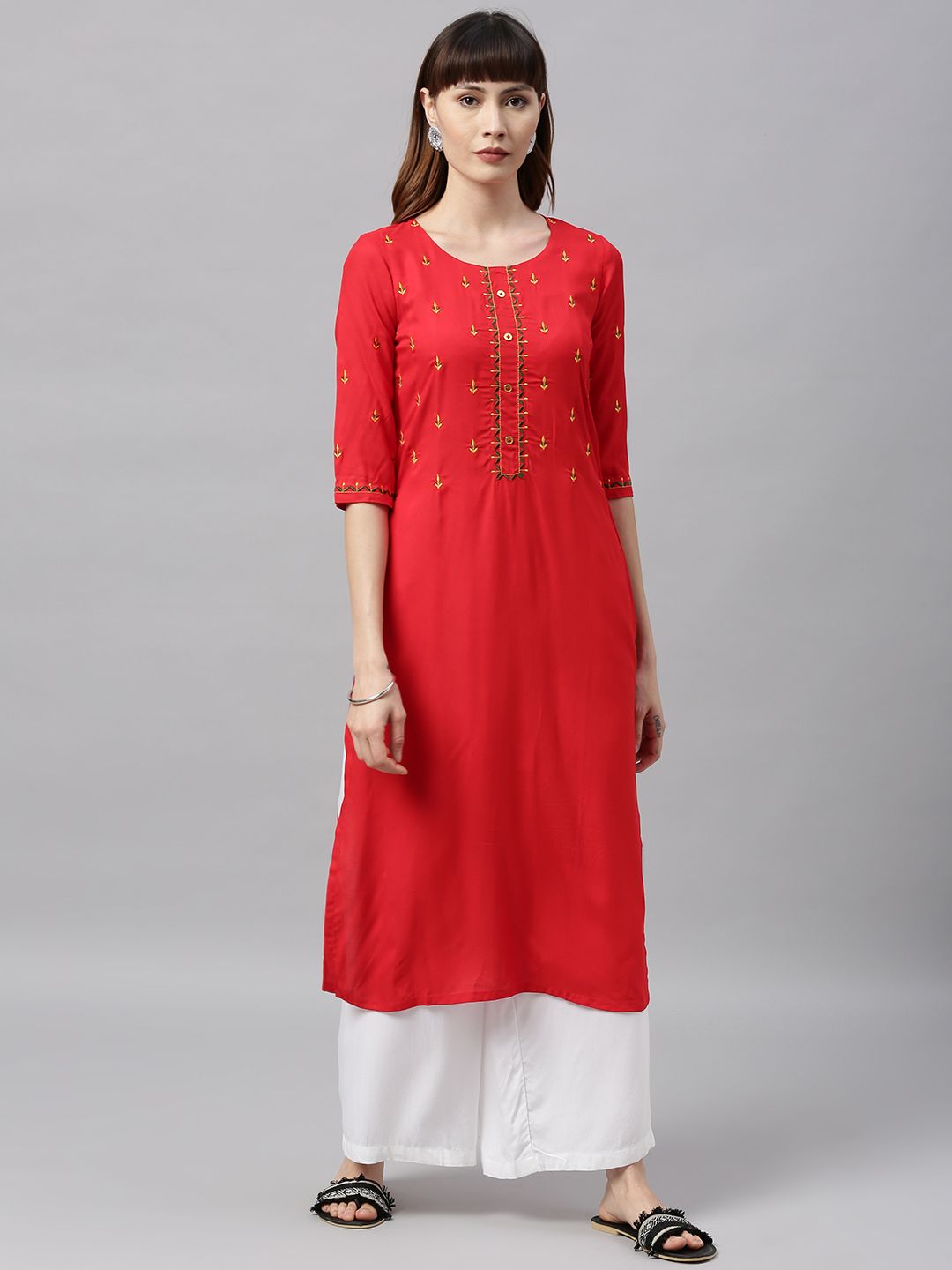 ETIQUETTE Women Red Embroidered Yoke Design A-Line Kurta