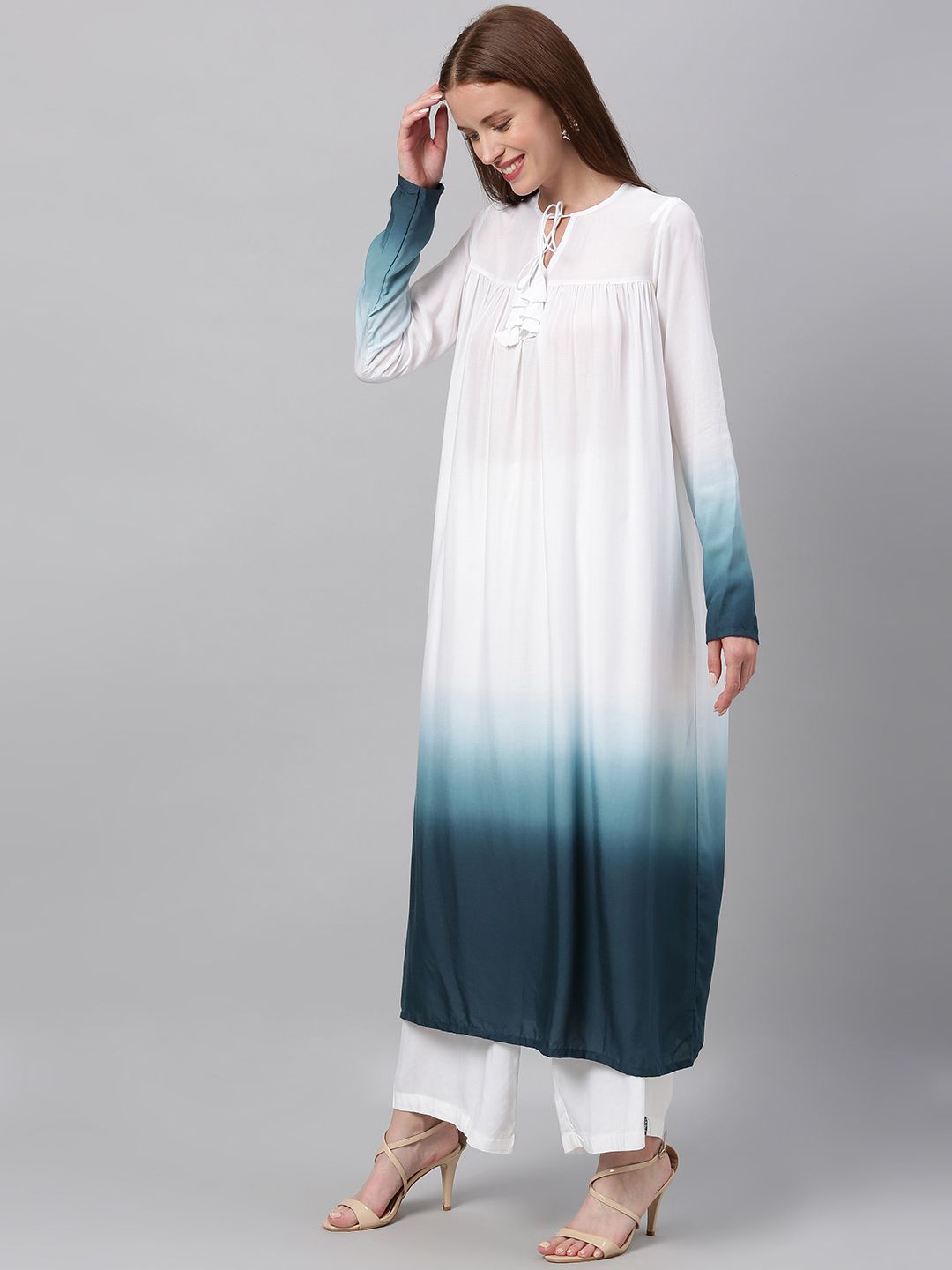 EthnoVogue Women White & Blue Dyed Made To Measure A-Line Kurta Price in India