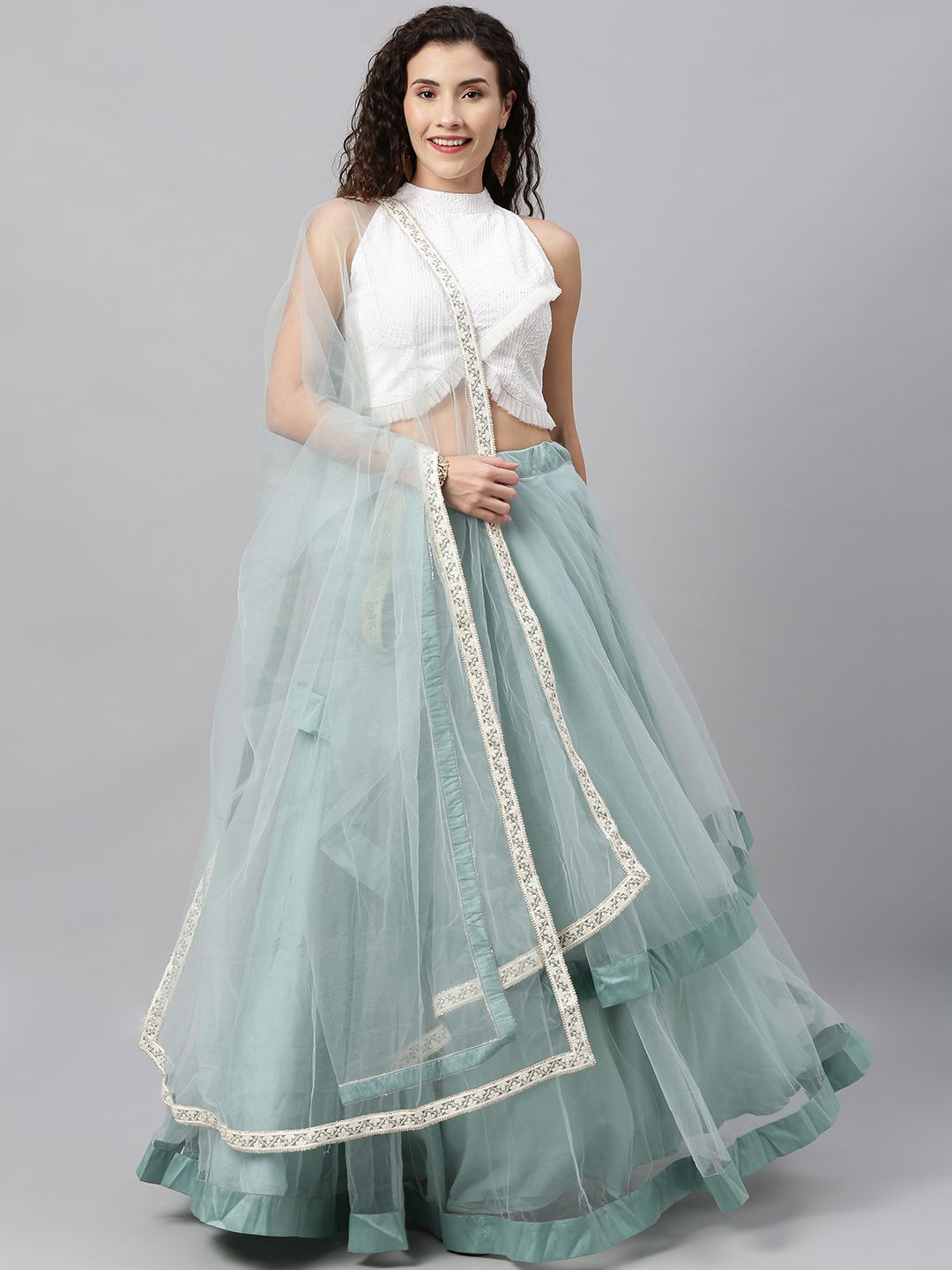 EthnoVogue White & Green Embroidered Made to Measure Lehenga & Blouse with Dupatta Price in India