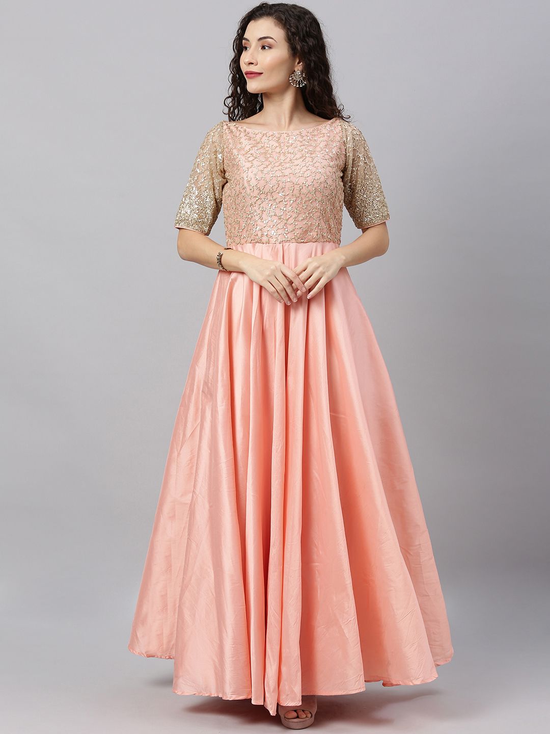 EthnoVogue Women Peach-Coloured Embellished Maxi Made To Measure Dress Price in India