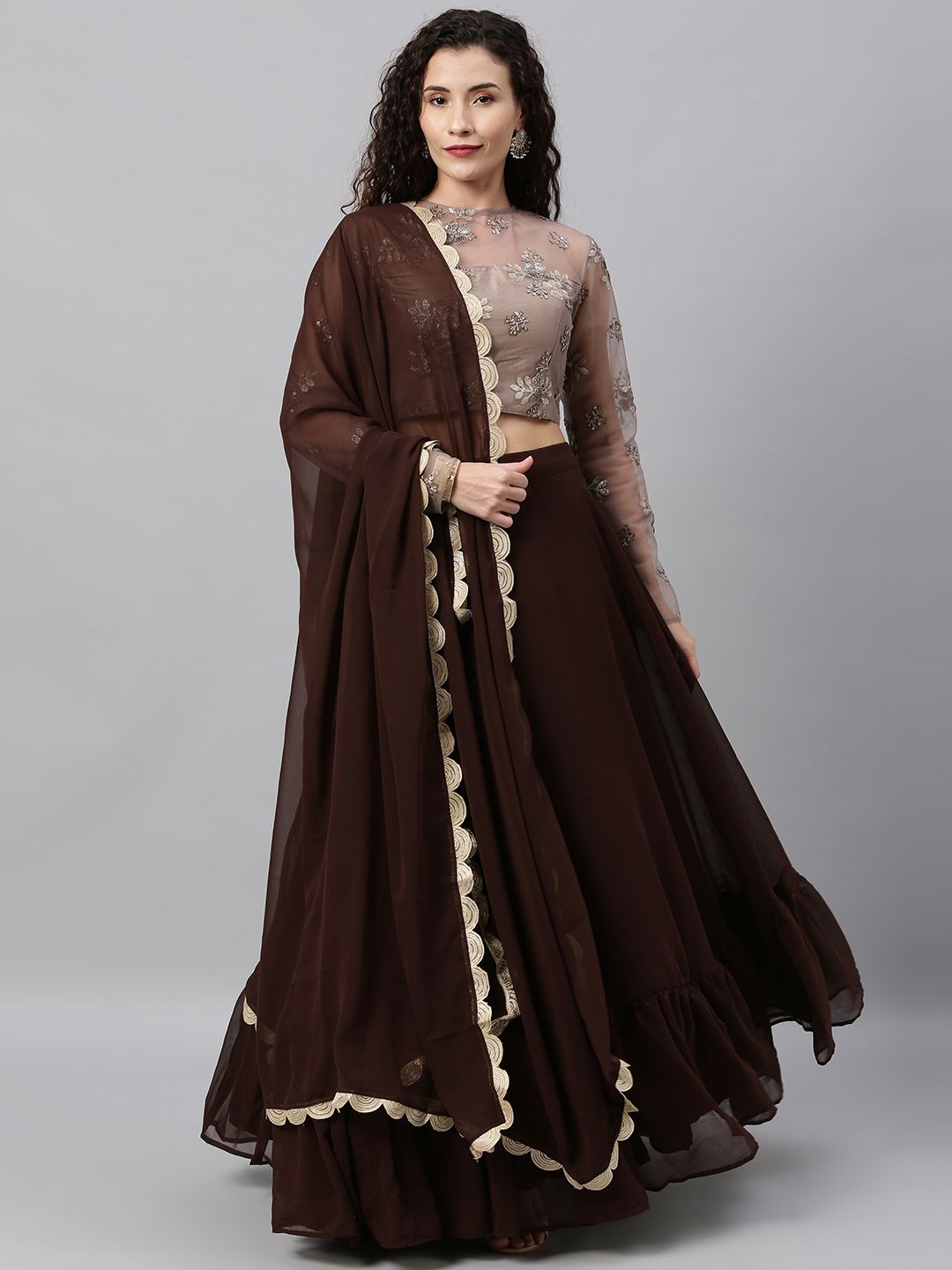 EthnoVogue Grey & Brown Embellished Made to Measure Lehenga & Blouse with Dupatta Price in India