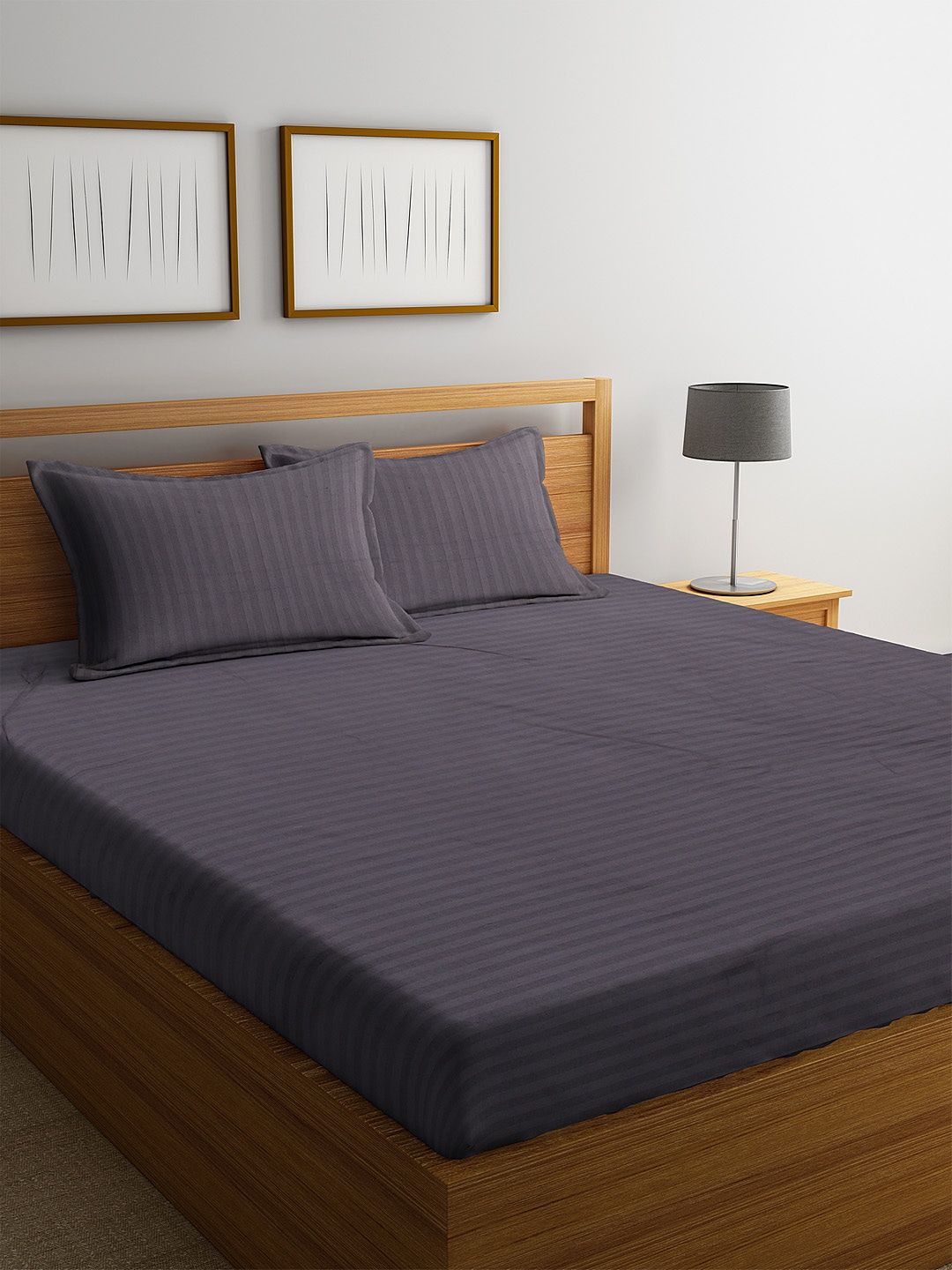 HOSTA HOMES Grey Striped 300 TC Cotton 1 King Bedsheet with 2 Pillow Covers Price in India
