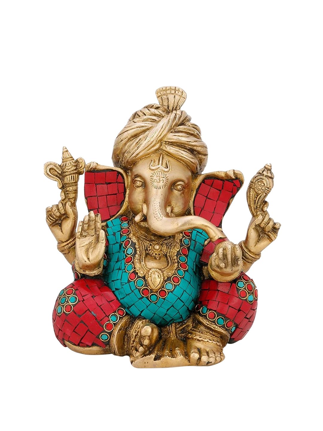CraftVatika Gold-Toned & Red Pagdi Ganesha Sitting Idol Showpiece Price in India