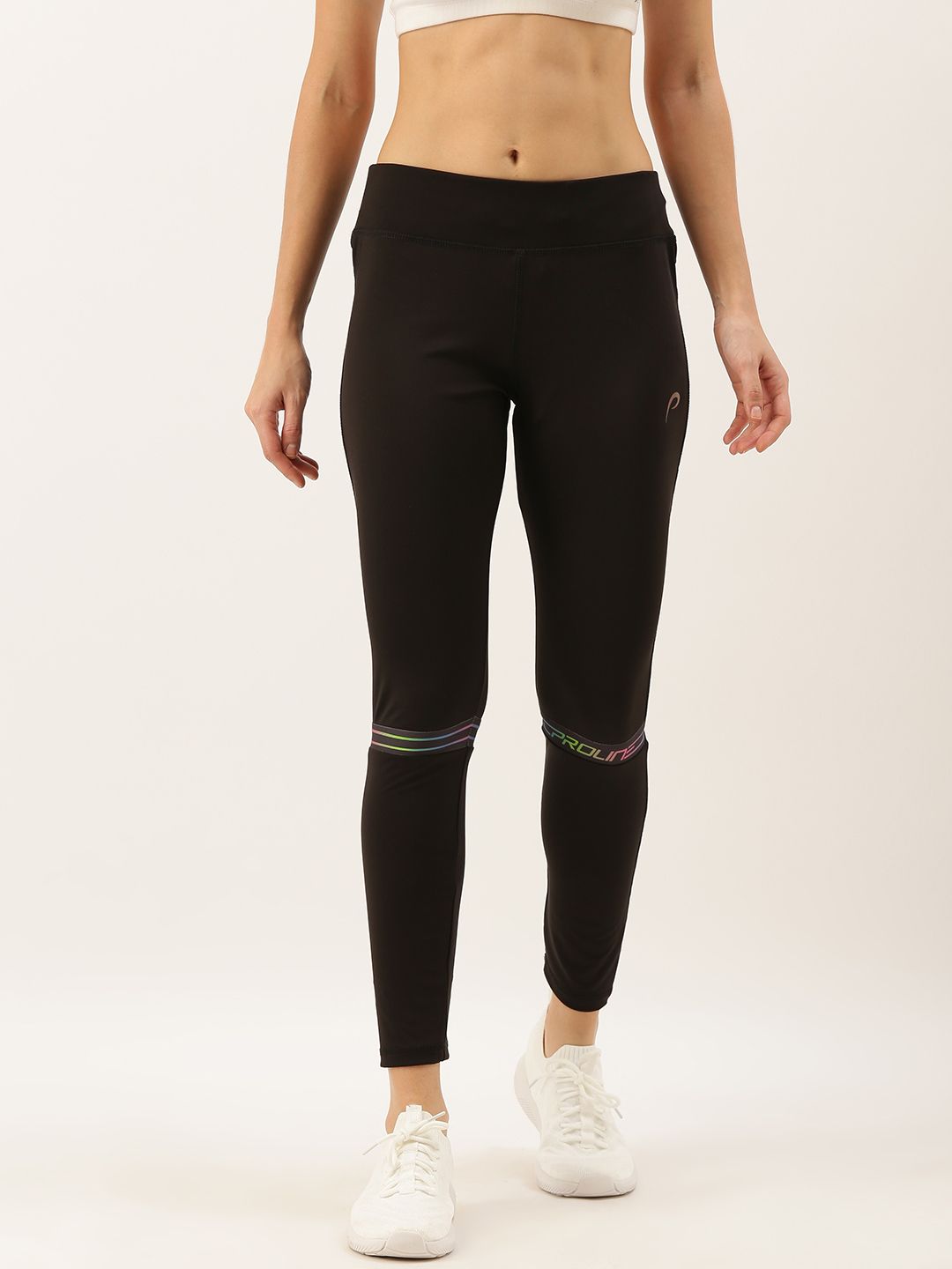 Proline Active Women Black Solid Performance Fit Cropped Tights with Print Detail Price in India