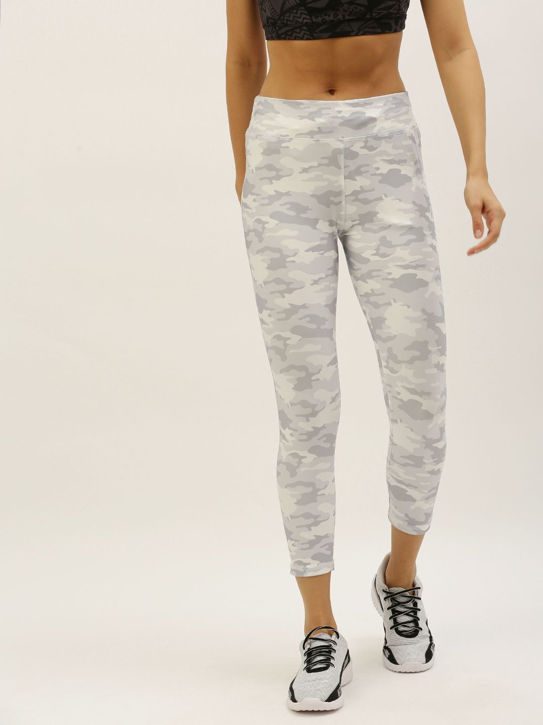 Proline Active Women Grey & Off-White Performance Fit Camouflage Printed Cropped Tights Price in India