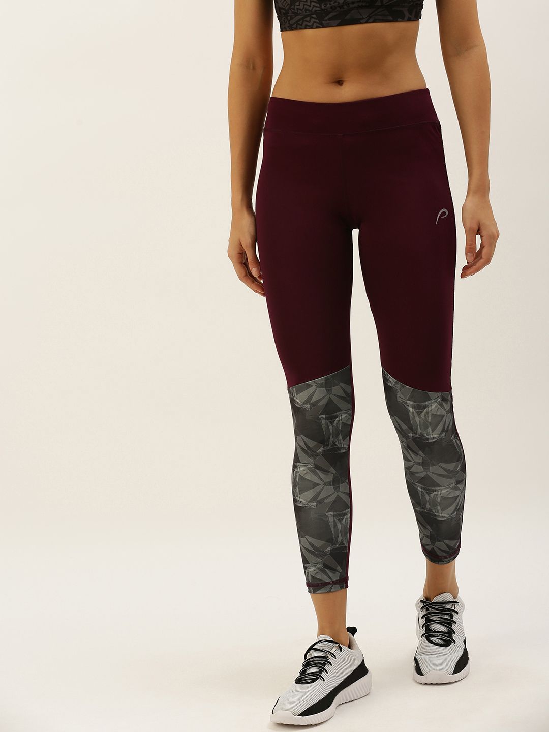 Proline Active Women Maroon & Grey Performance Fit Colourblocked Cropped Tights Price in India