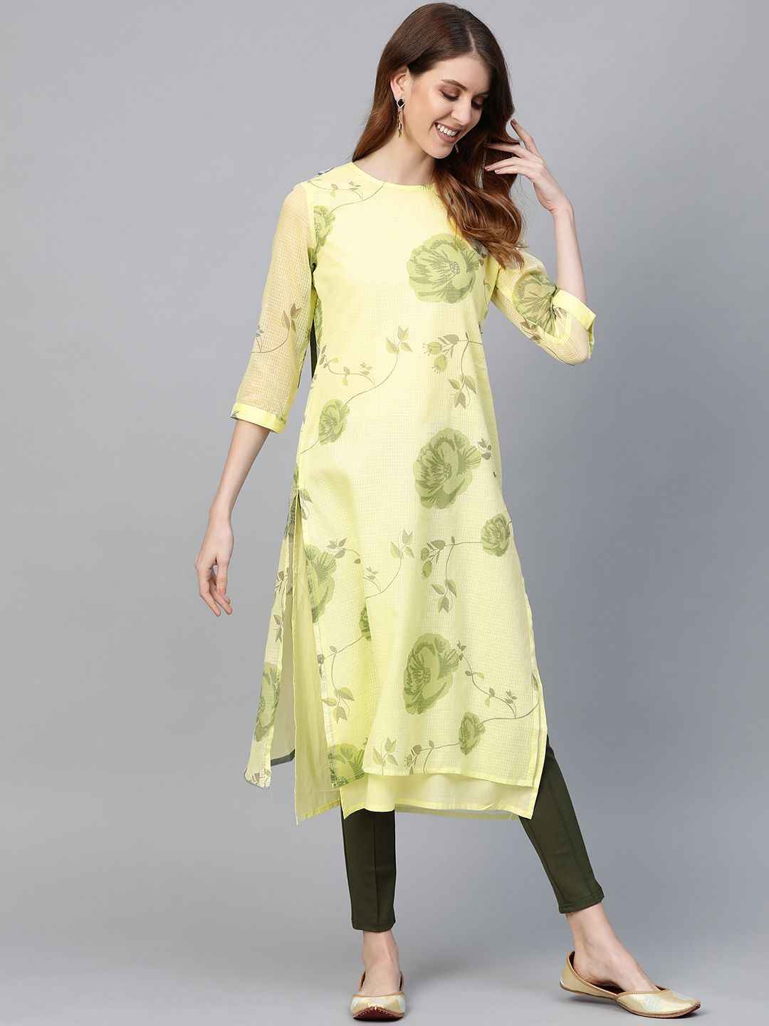 HERE&NOW Women Yellow & Green Floral Print Layered Straight Kurta