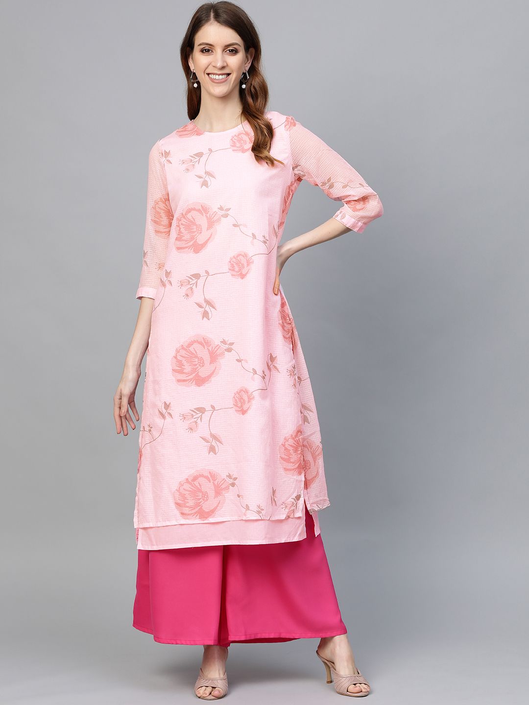 HERE&NOW Women Pink Floral Print Layered Straight Kurta