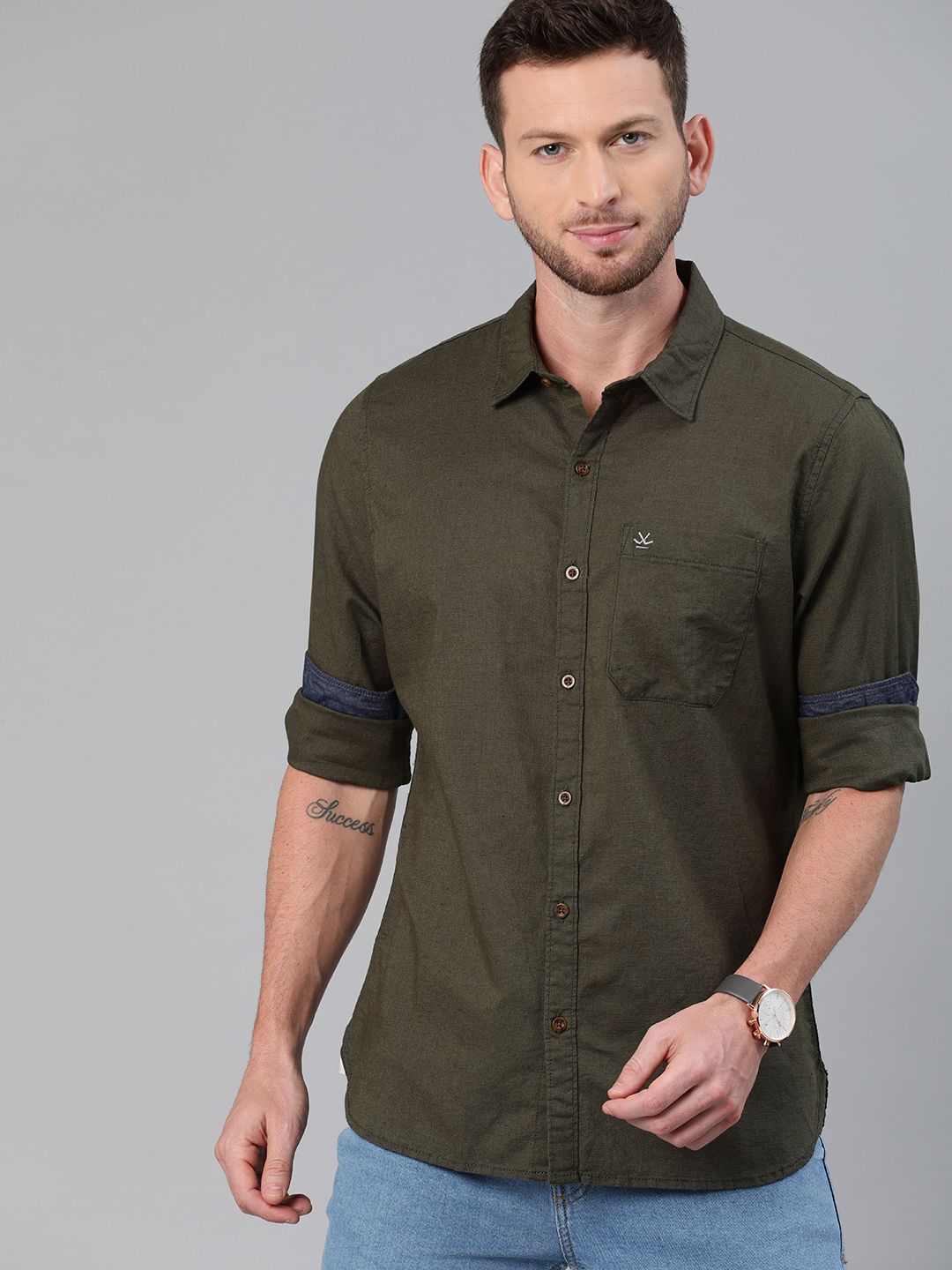 WROGN Men Olive Green Slim Fit Solid Casual Shirt