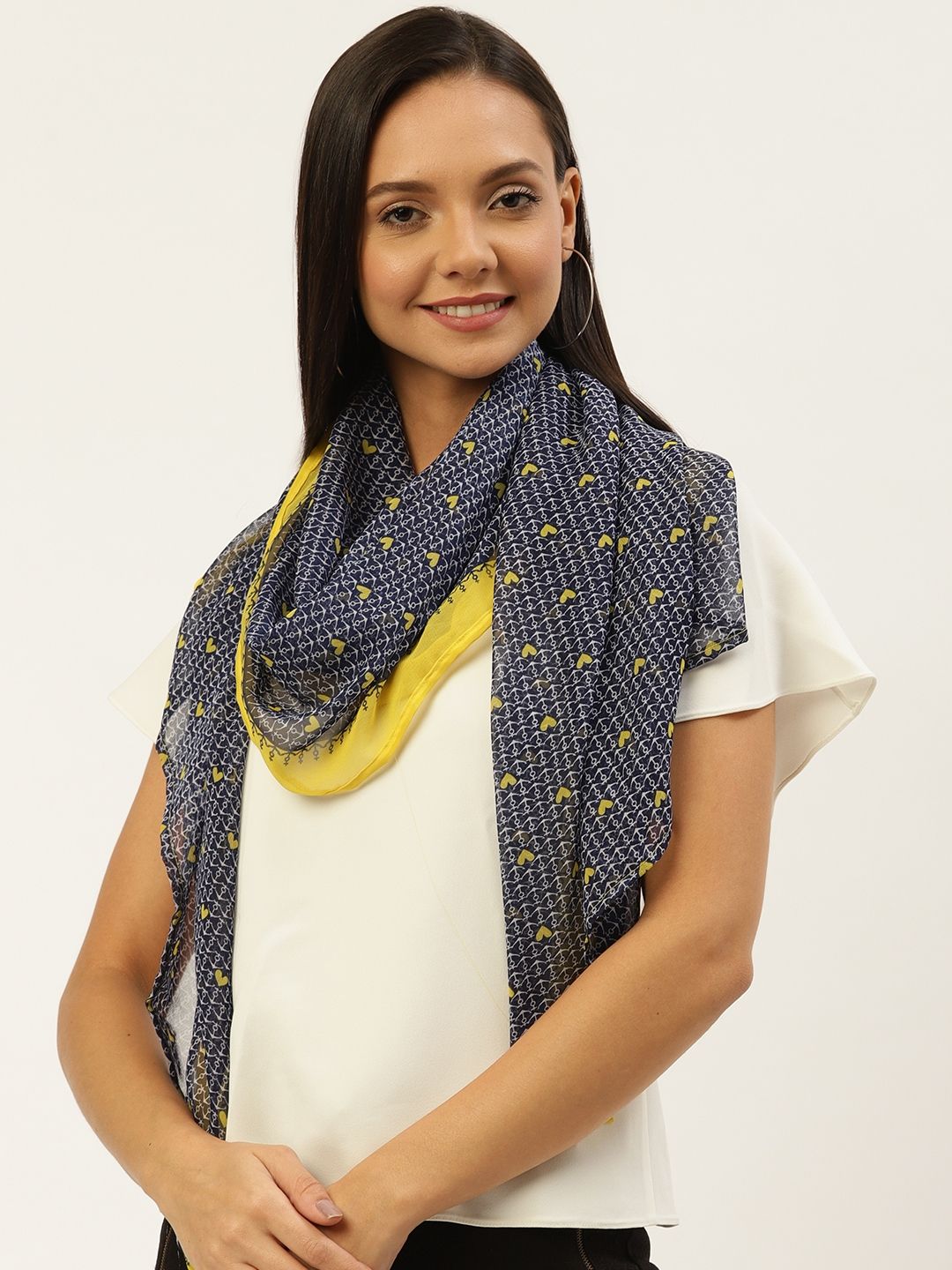 WISSTLER Women Navy Blue & Yellow Heart Print Stole Price in India