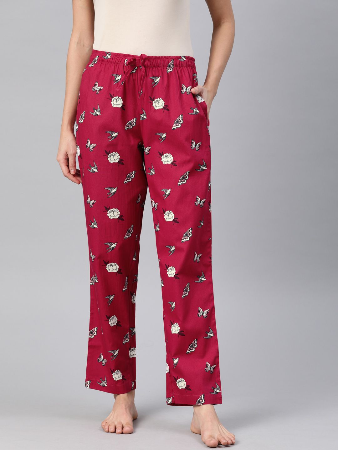 DRAPE IN VOGUE Women Red & White Floral Printed Relaxed Fit Lounge Pants Price in India