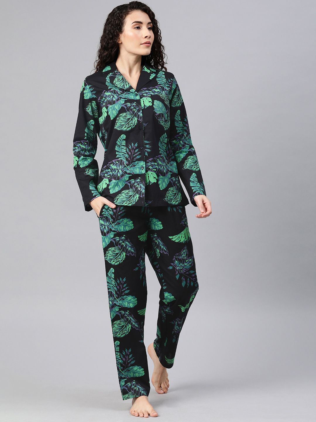 DRAPE IN VOGUE Women Black & Green Tropical Flora Printed Night Suit Price in India