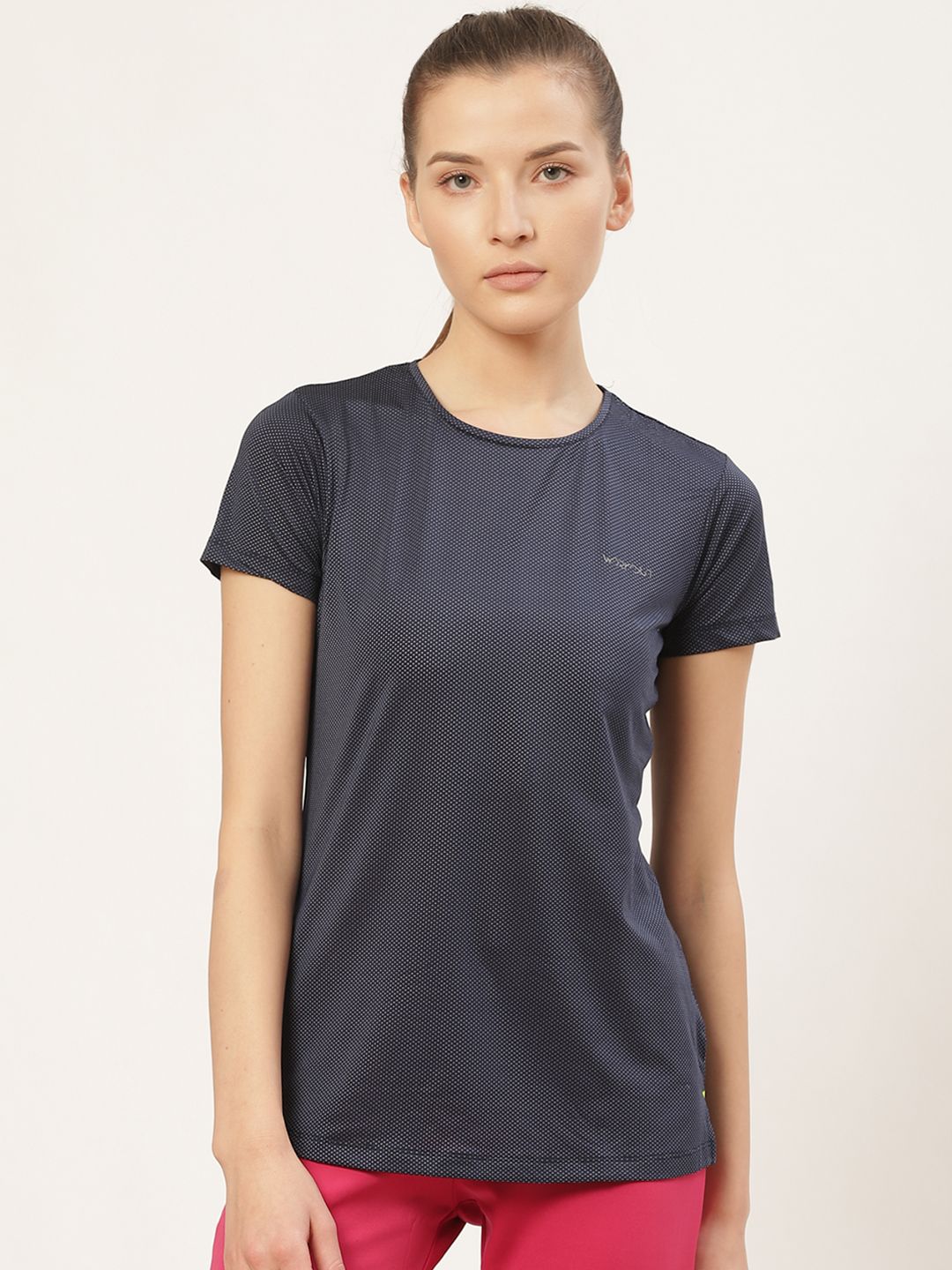 Sweet Dreams Women Navy Blue Regular Fit Self-Design Round Neck Workout T-shirt Price in India