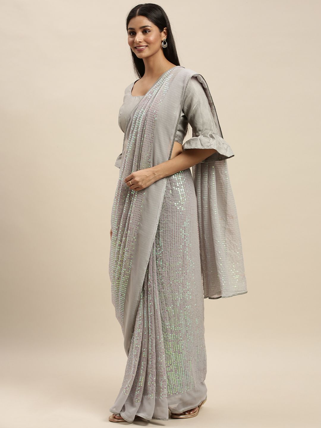 Mitera Grey Sequinned Pure Georgette Saree Price in India