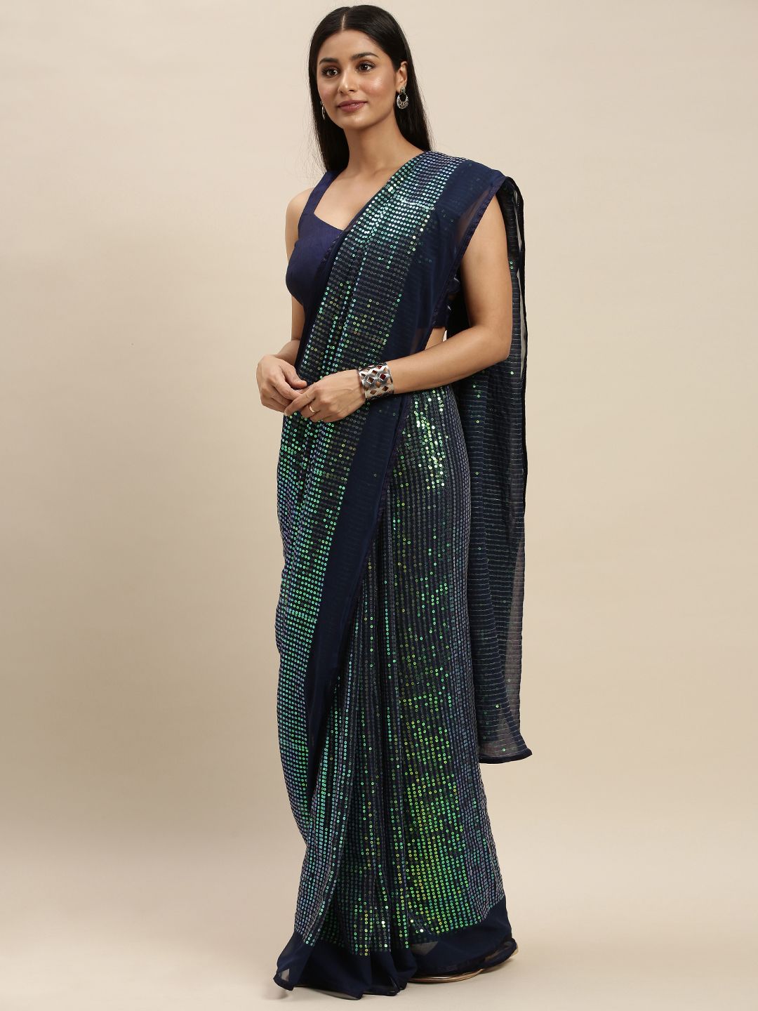 Mitera Navy Blue Sequinned Pure Georgette Saree Price in India