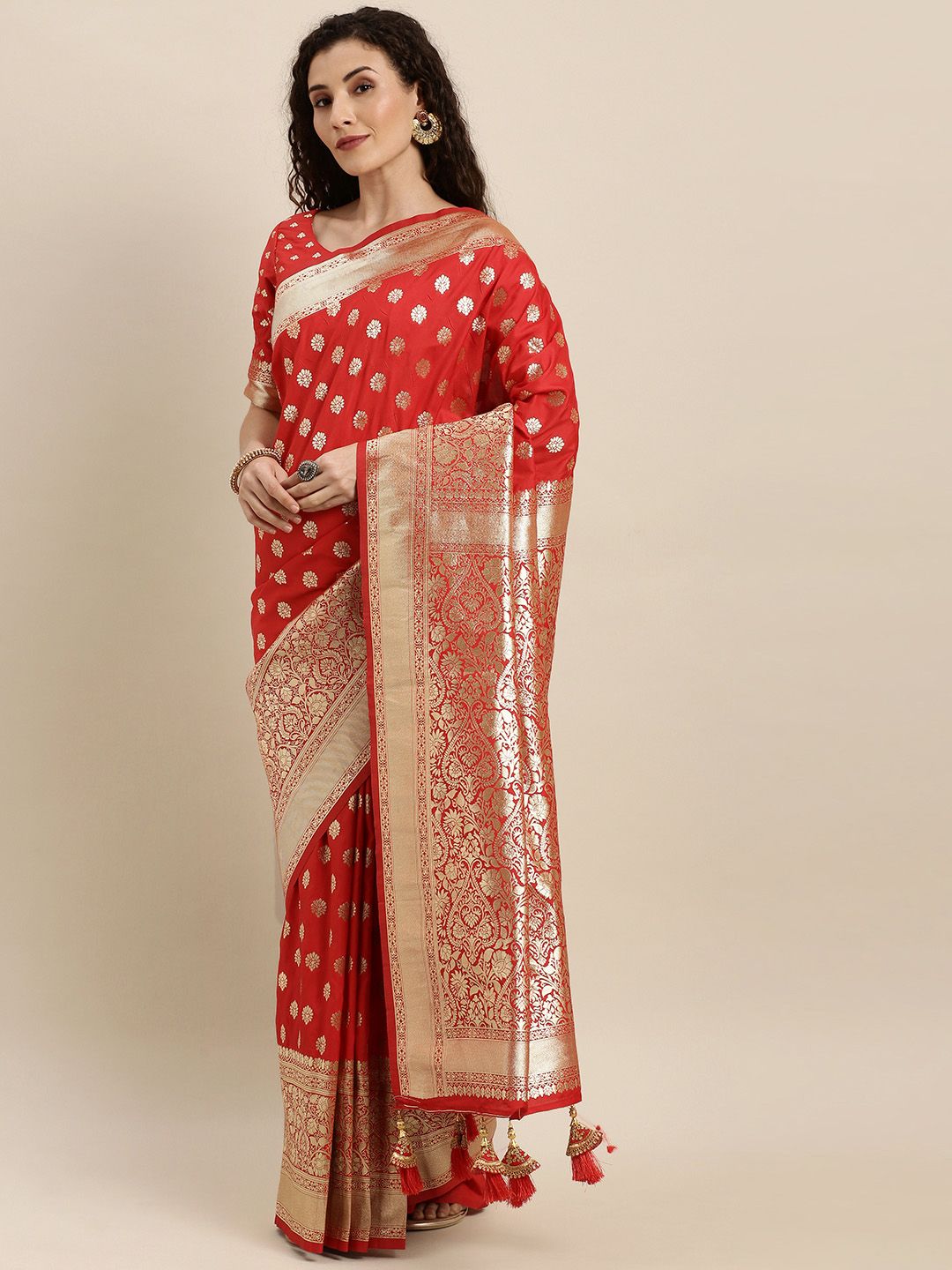 Inddus Red & Golden Woven Design Silk Blend Saree