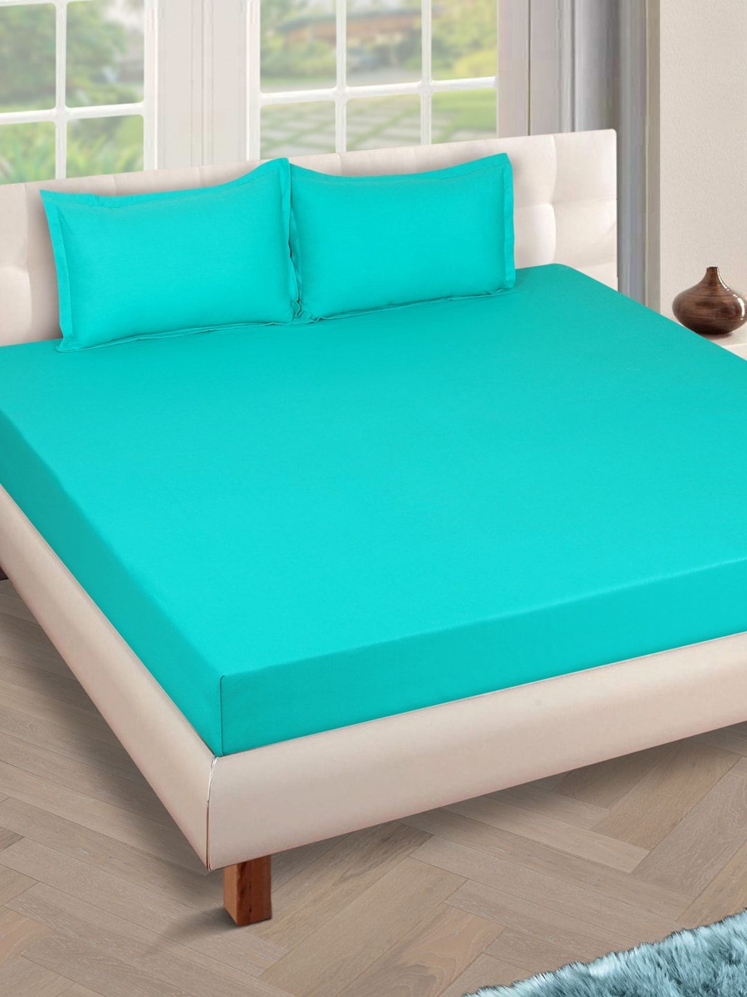 ROMEE Turquoise Blue Solid 180 TC Cotton 1 Queen Bedsheet with 2 Pillow Covers Price in India