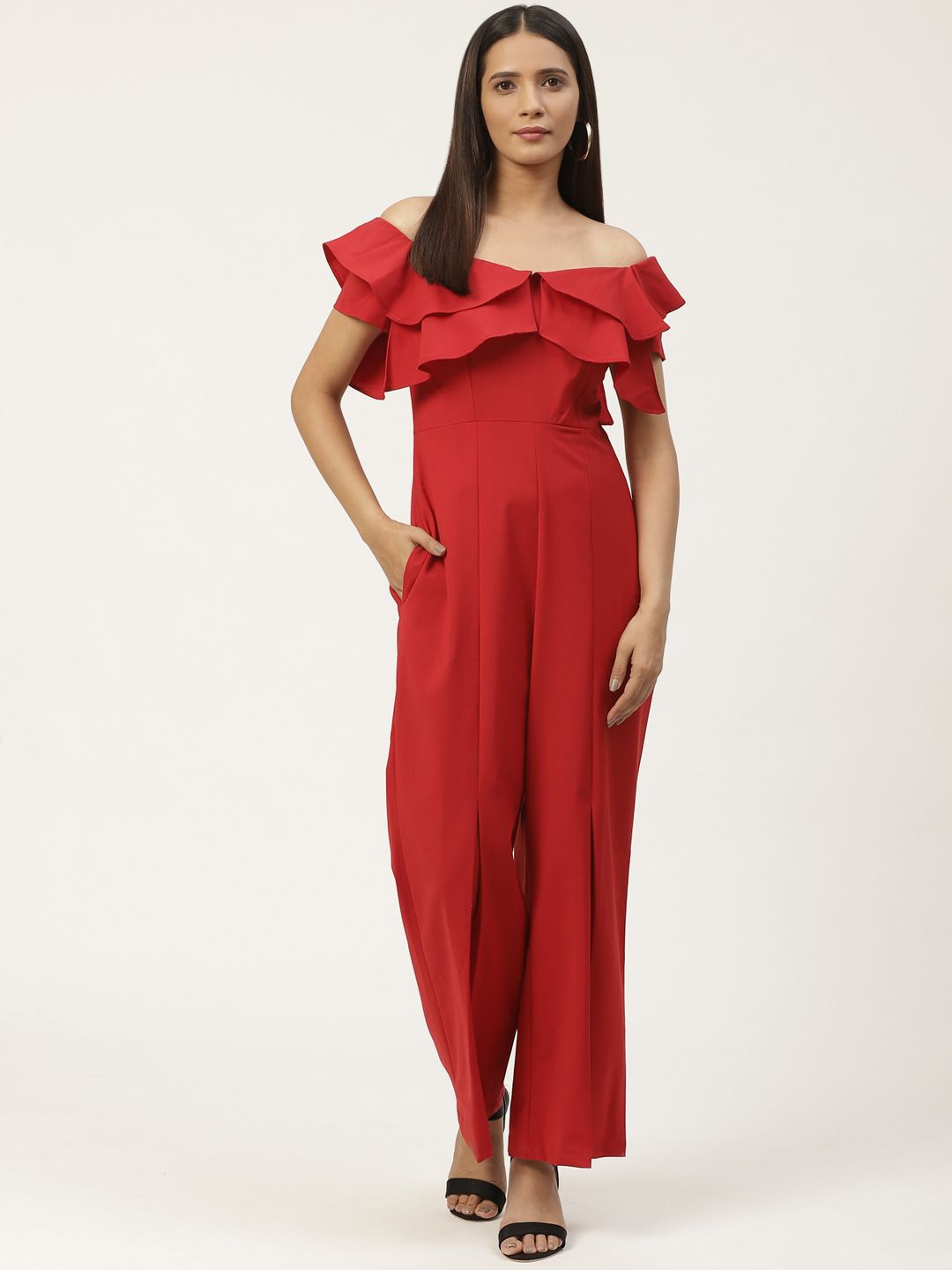 WoowZerz Women Red Slim Fit Off-Shoulder Layered Solid Basic Jumpsuit Price in India