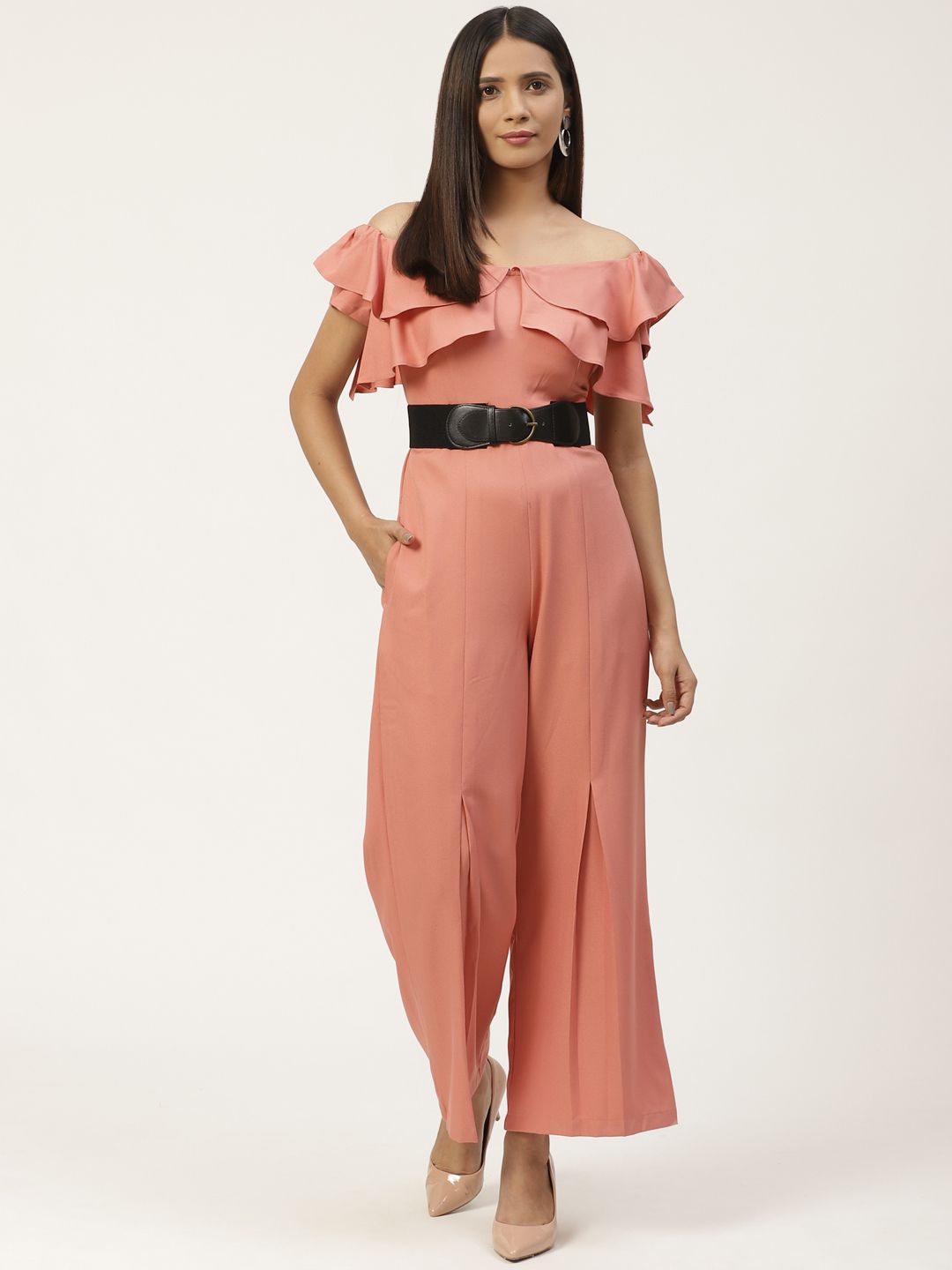 WoowZerz Women Peach-Coloured Slim Fit Off-Shoulder Layered Solid Basic Jumpsuit Price in India