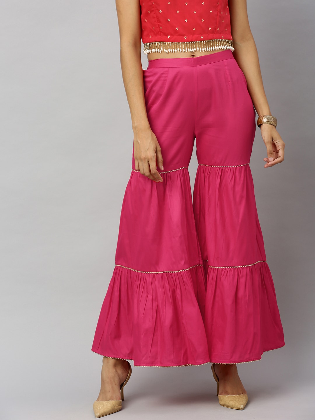Inddus Women Pink Self Design Flared Palazzos Price in India
