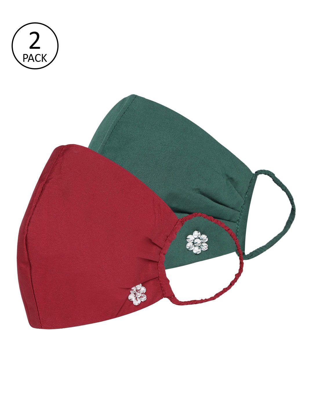 QUIERO Women Pack of 2 Solid 2-Ply Reusable Outdoor Cloth Masks with Studded Detail Price in India