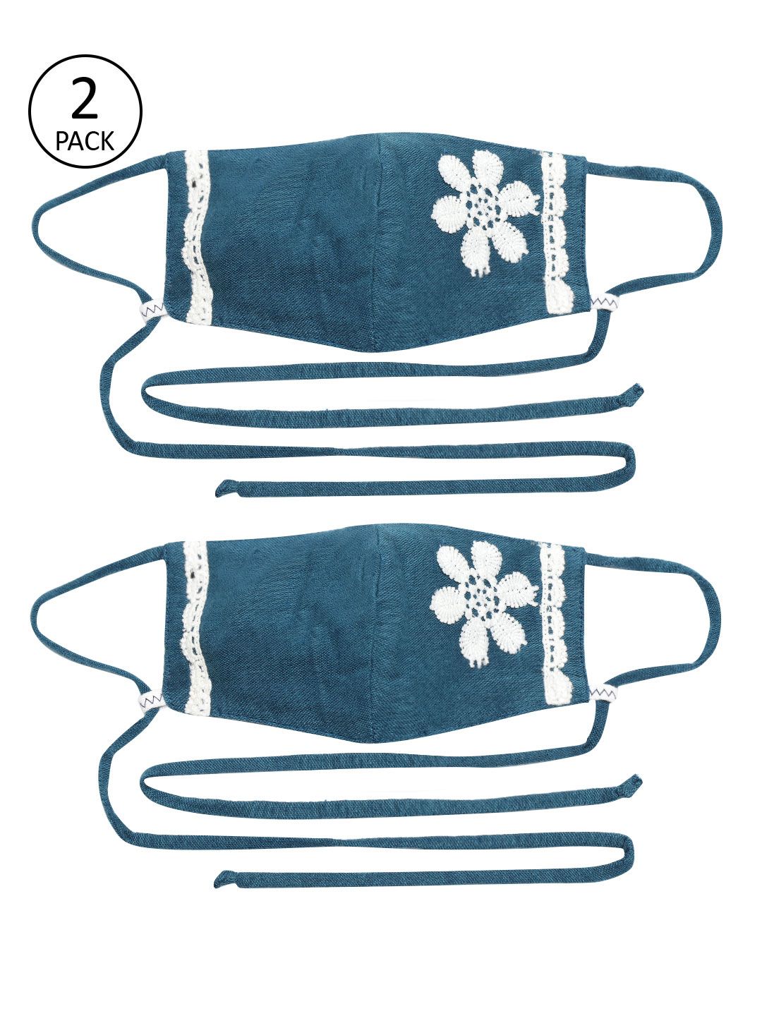 QUIERO Women Teal Blue & White Pack of 2 Lace Work 2-Ply Reusable Outdoor Cloth Masks Price in India