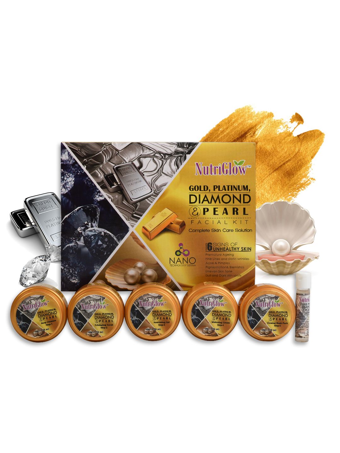 NutriGlow Sustainable Gold, Platinum, Diamond & Pearl Power of 4 Facial Kit 260 g