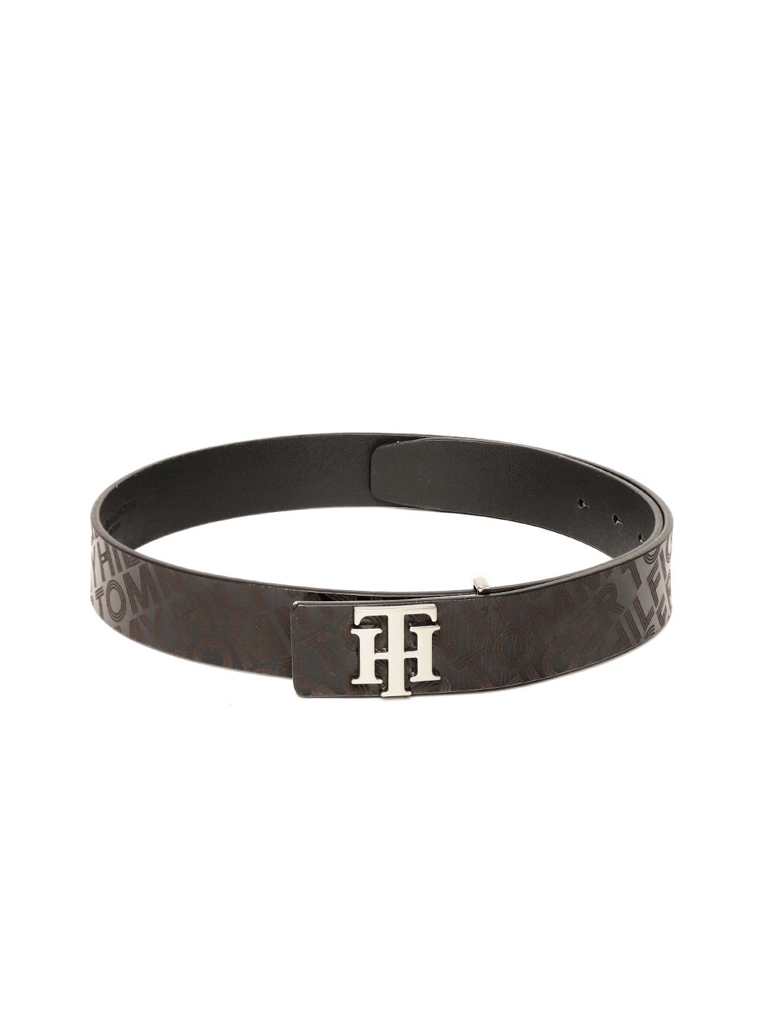 Tommy Hilfiger Men Black & Coffee Brown Typography Print Leather Belt