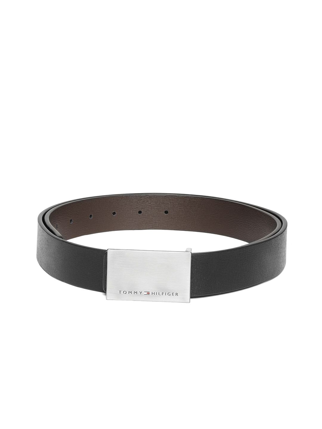Tommy Hilfiger Men Black & Coffee Brown Textured Reversible Leather Belt