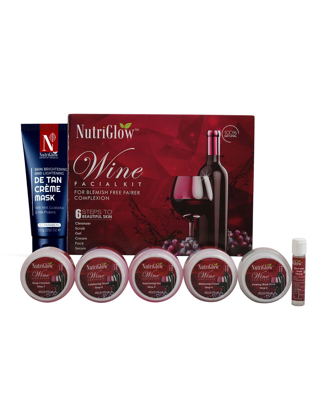 NutriGlow Combo of 2 Wine Facial Kit & De Tan Creme Mask 360 g