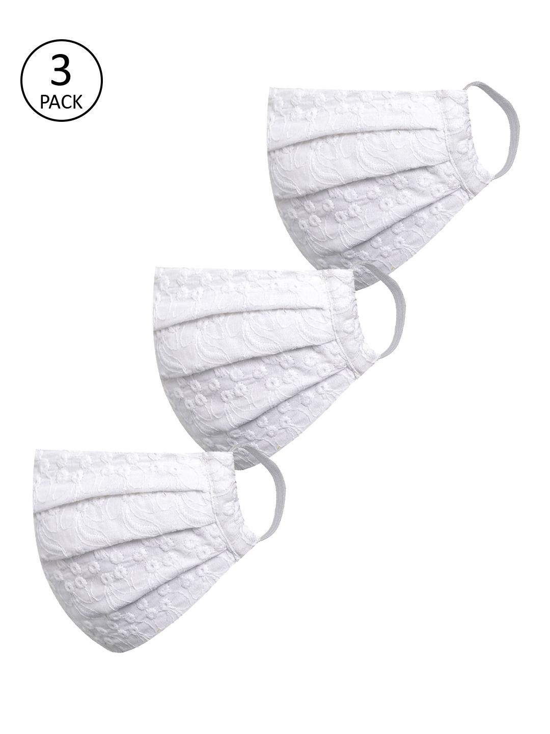 VASTRAMAY Adults White Embroidered 3 Pcs Reusable 2 Ply Protective Cloth Masks Price in India