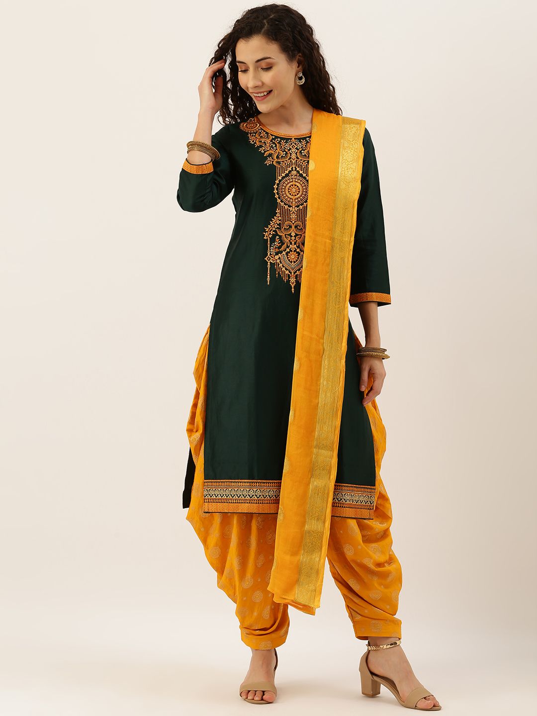 Kvsfab Green & Yellow Silk Blend Unstitched Dress Material Price in India