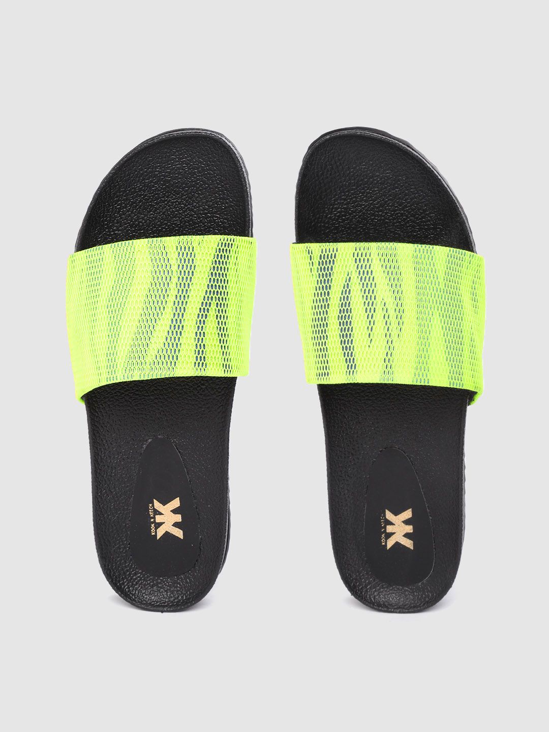 Kook N Keech Women Fluorescent Green & Black Patterned Sliders Price in India