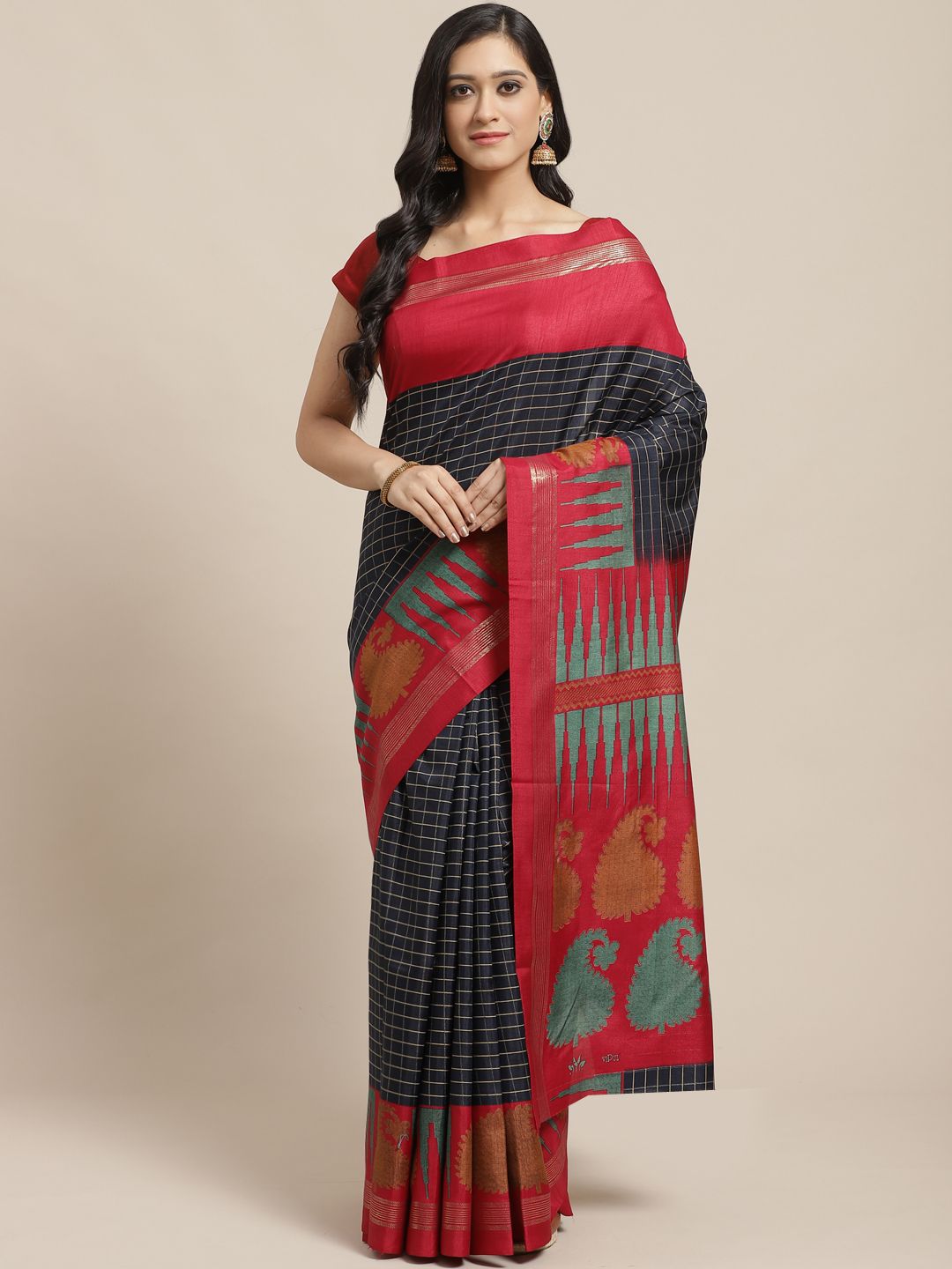 Vipul Navy Blue & Beige Checked Saree