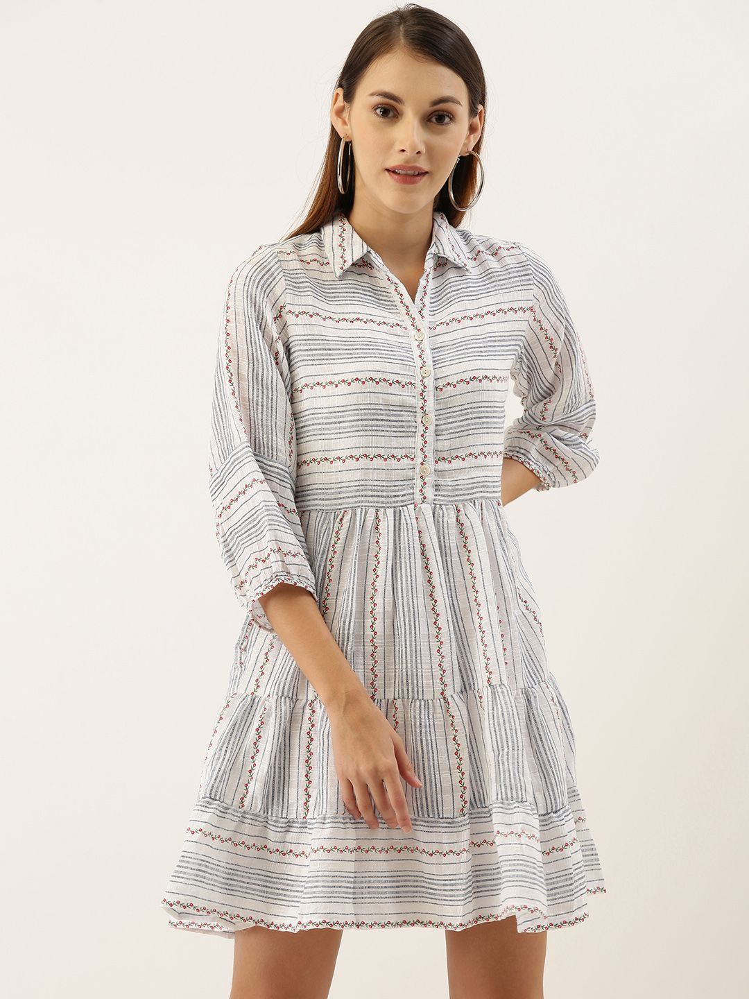 AND Women White Striped Fit and Flare Dress