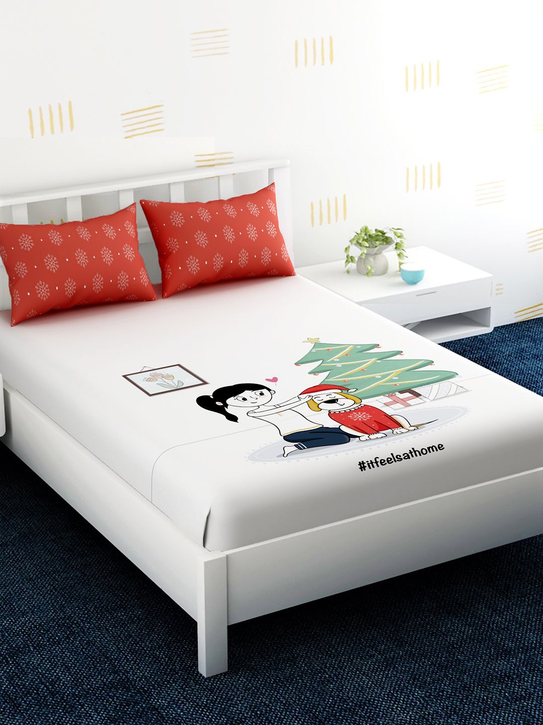 EverHOME White Graphic 210 TC Cotton 1 King Bedsheet with 2 Pillow Covers Price in India