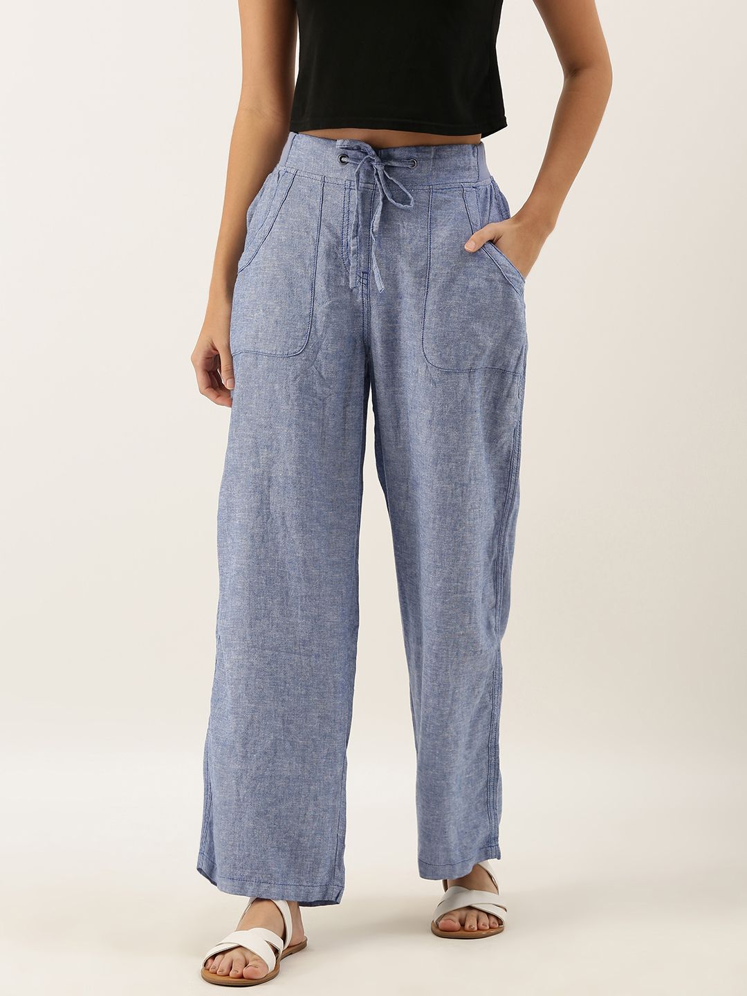 AND Women Blue Straight Fit Solid Parallel Trousers
