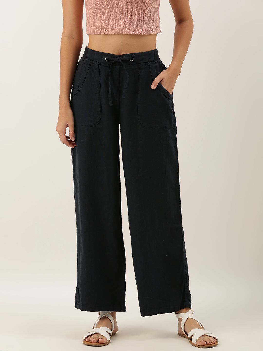 AND Women Navy Blue Flared Solid Parallel Trousers