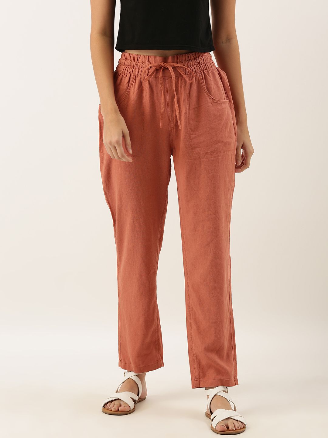 AND Women Rust Orange Straight Fit Solid Regular Trousers