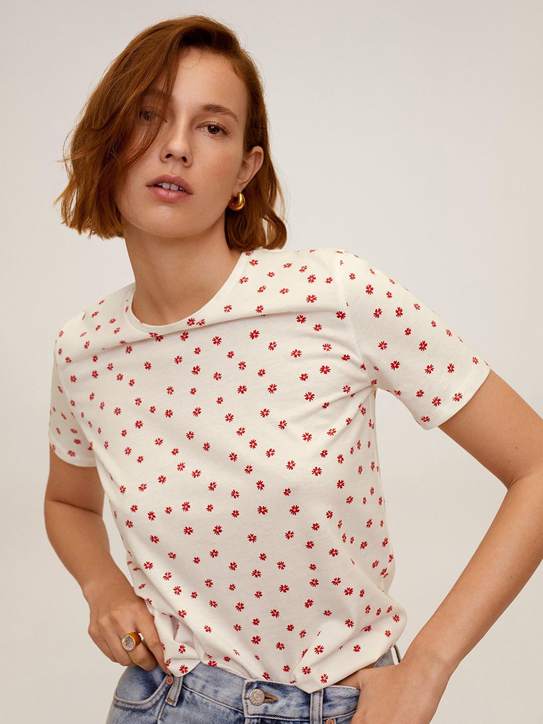 MANGO Women White & Red Organic Cotton Floral Printed Round Neck T-shirt