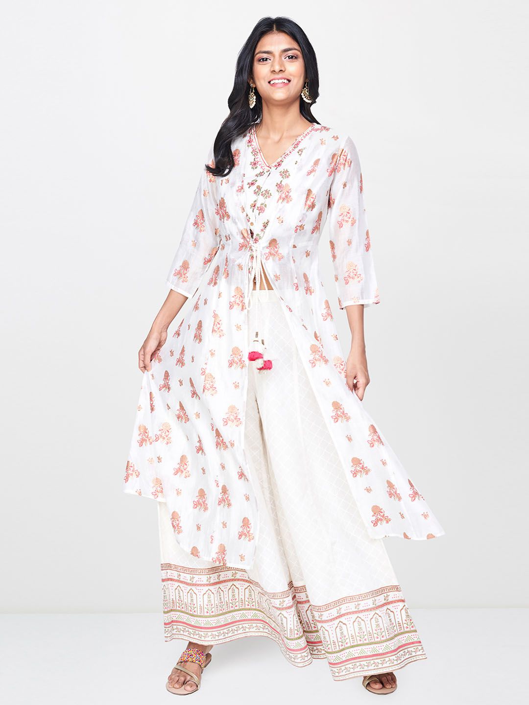 Global Desi Women Off-White & Pink Printed Tie-Up Shrug Price in India