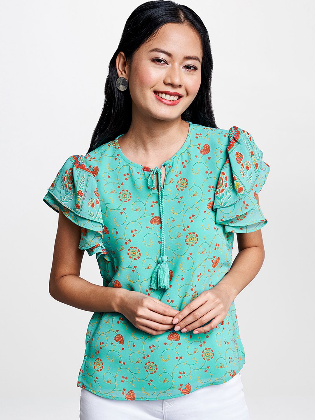 Global Desi Women Turquoise Blue Printed Top