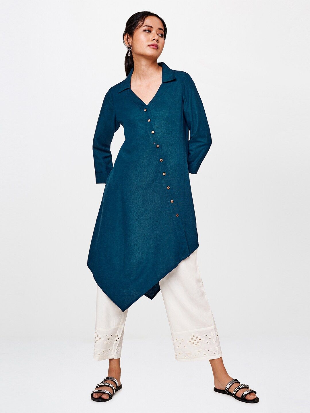 Global Desi Women Teal Blue Solid Tunic with Asymmetric Hem Price in India